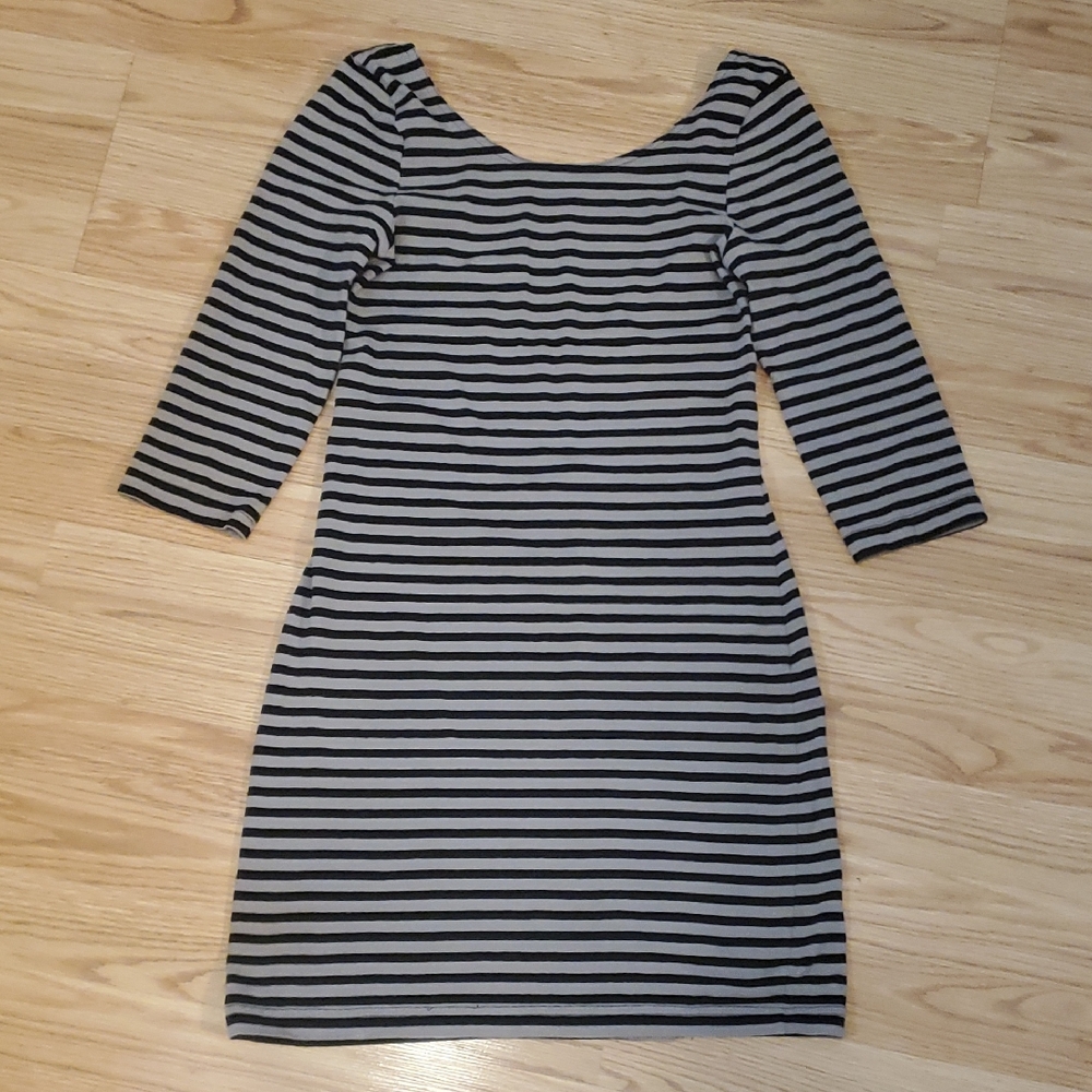 H&M Bodycon Striped 3/4 Sleeve Mini Dress - Black & Grey Size Small